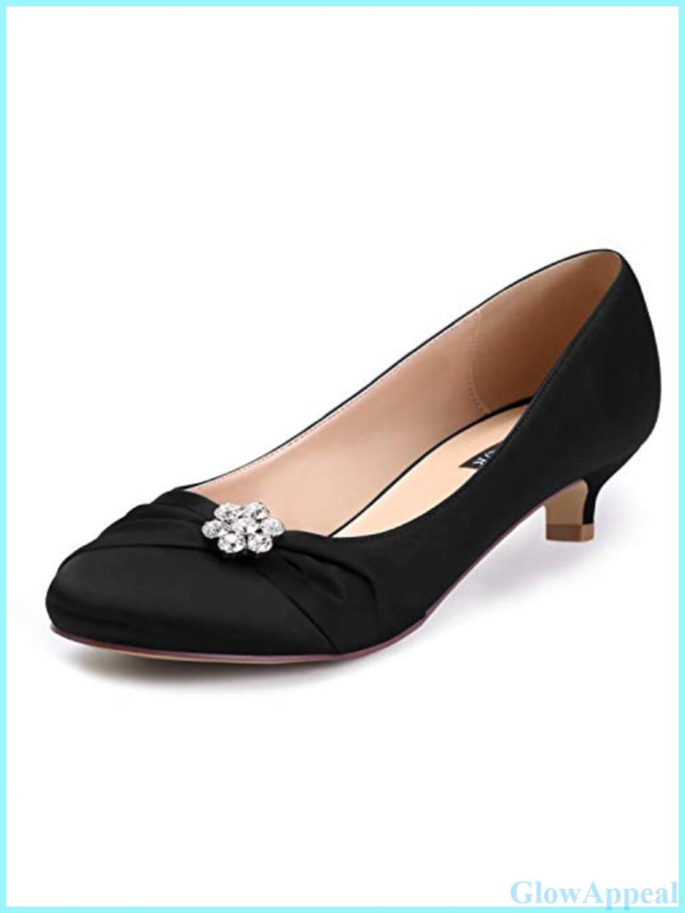 Kitten Heel Satin Pumps Rhinestone Brooch Closed Toe Wedding Dress Shoes